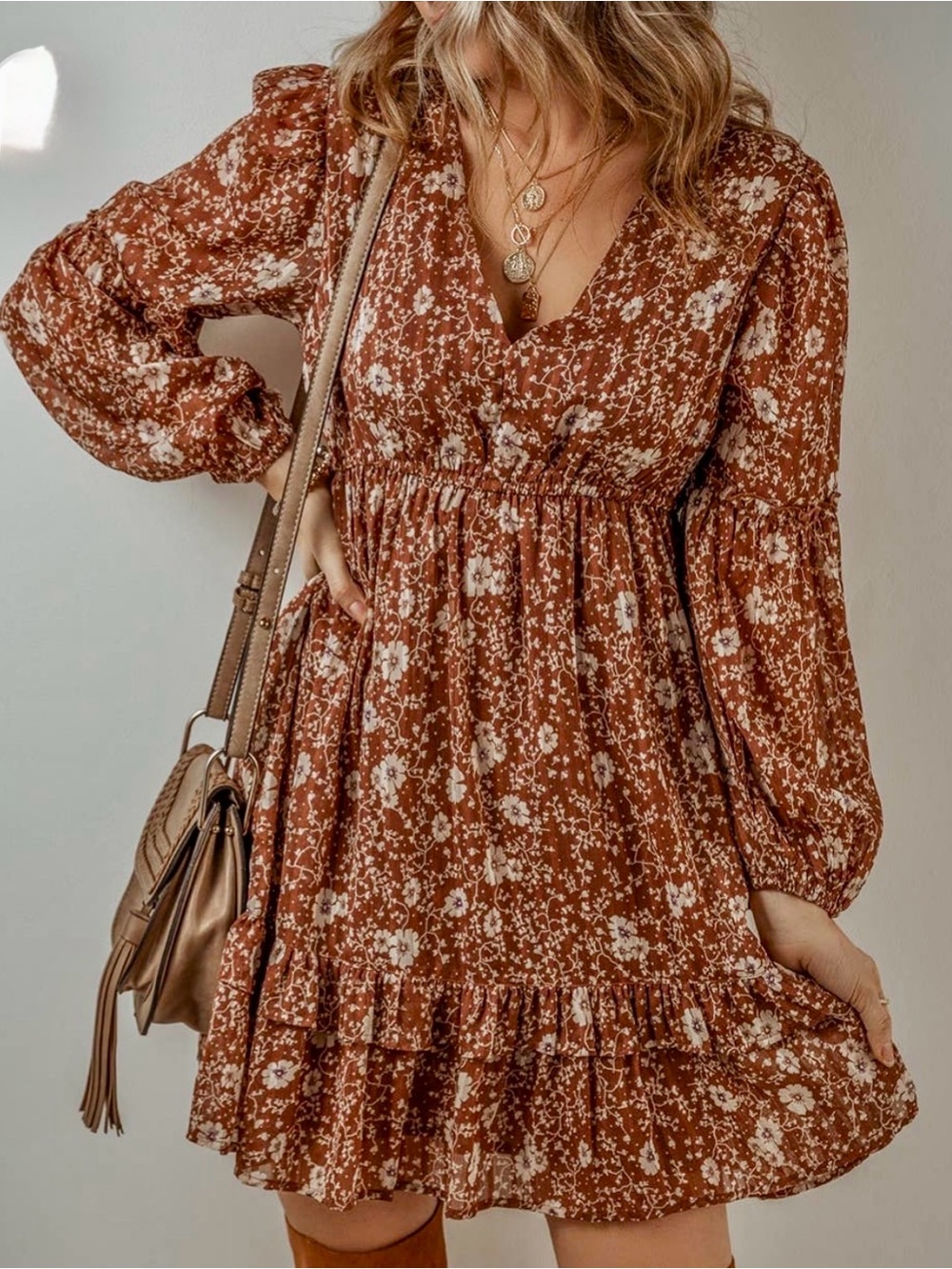 AND NOW THIS Floral Tiered Maxi Dress in Rust and Cream